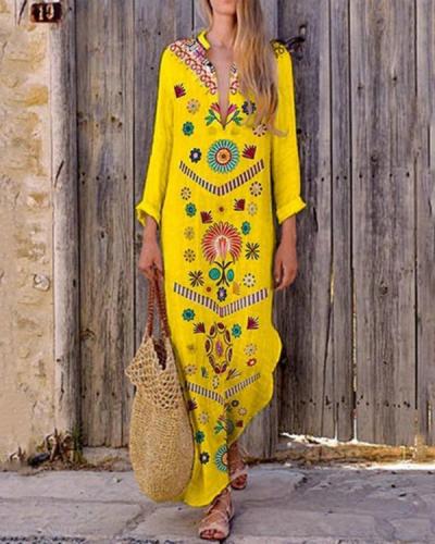 V-Neck Bohemian Printed Long Sleeve Maxi Dress