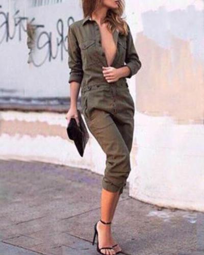 Army Green Fashion Lapel Jumpsuit