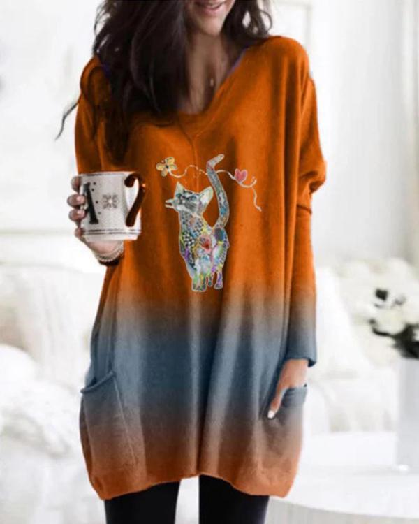 Ombre Cartoon Cat Print Long Sleeve Pockets Casual Blouses Tops