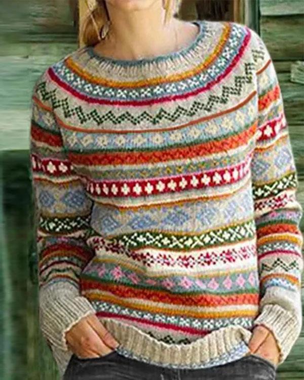 Color-Block Crew Neck Long Sleeve Geometric Sweater