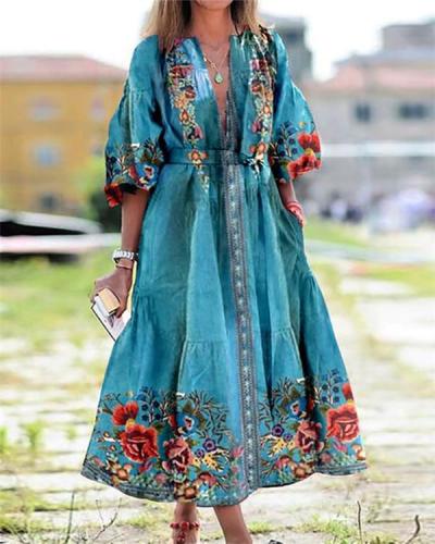Bohemian Floral Print Plunging Neck 3/4 Sleeves Maxi Dress