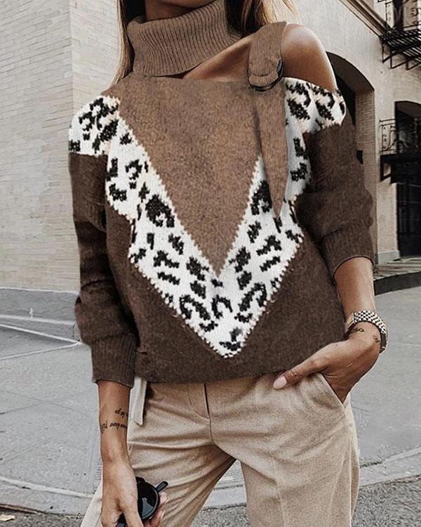 Women Fashion Leopard Print High Neck Sweater