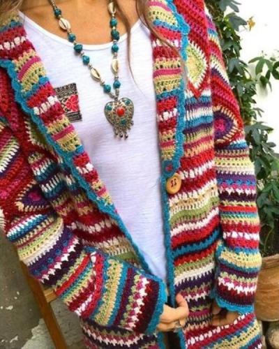 Winter Loose Multicolor Vintage Print Ethnic Cardigan Sweater Coat