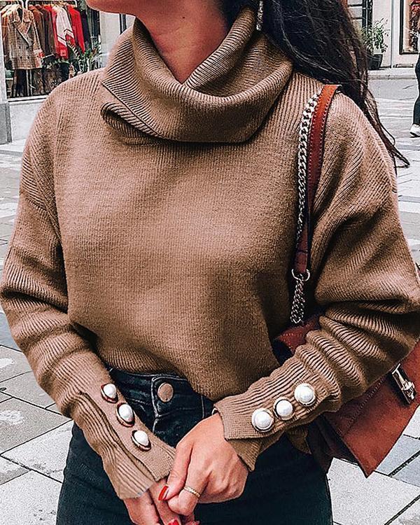 Casual Plain Turtleneck Knitted Long Sleeve Sweater