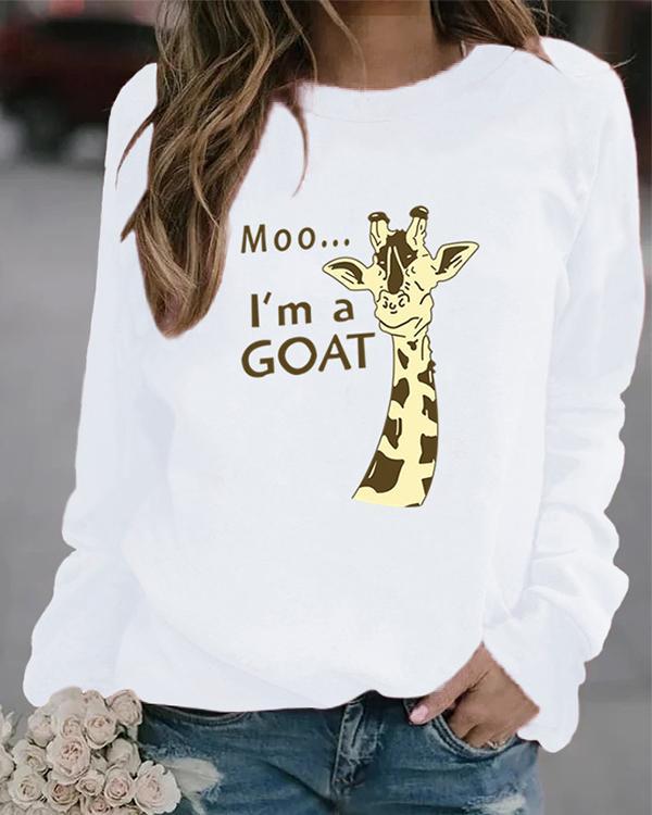 Animal Letter Print Pullover Round Neckline Sweatshirts