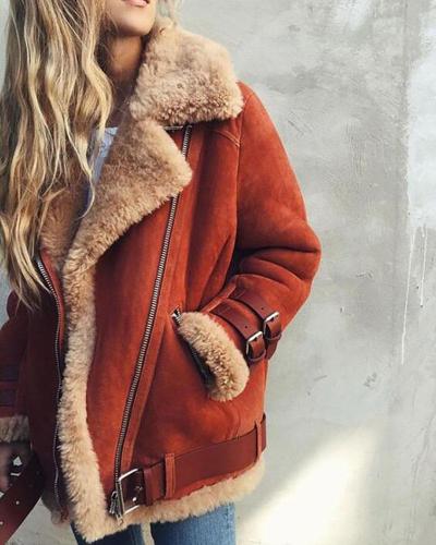 Autumn Winter Women Fashion Warm Fur Coat Casual Style Zipper Motorcycle Jacket Winter Outwear