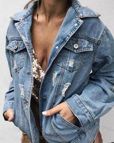 Women's Denim Jacket Regular Solid Colored Daily Denim Outerwear