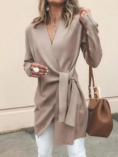 Khaki Cotton Long Sleeve Casual Solid V neck Cardigan