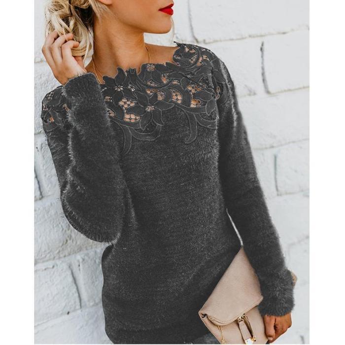 Women Off Shoulder Lace Patchwork Long Sleeve Sweaters Tops