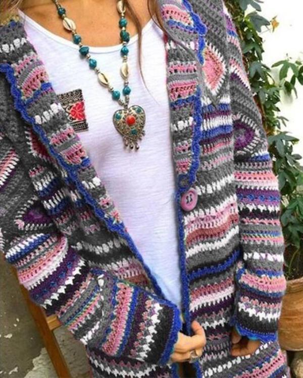 Winter Loose Multicolor Vintage Print Ethnic Cardigan Sweater Coat