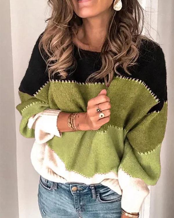 Color-block Long Sleeve Casual Crew Neck Sweater