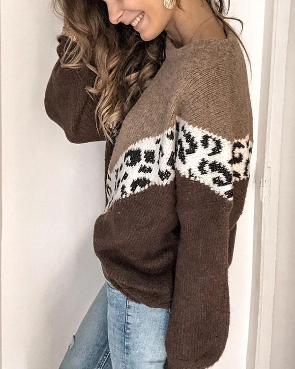 Casual Women Loose Color Matching Leopard Sweater