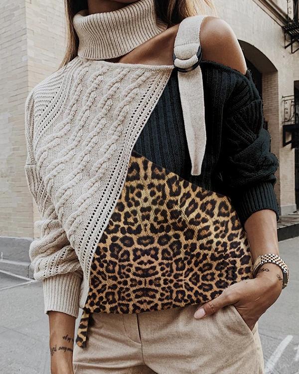 Fashion Leopard Print High Neck Splicing Sweater