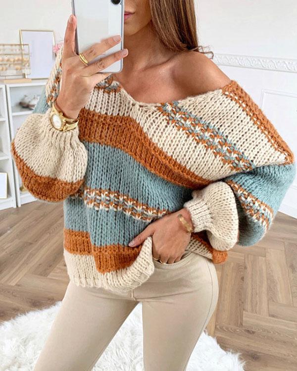 Orange Color Block One-shoulder Long Sleeve Oversize Pullover Sweater