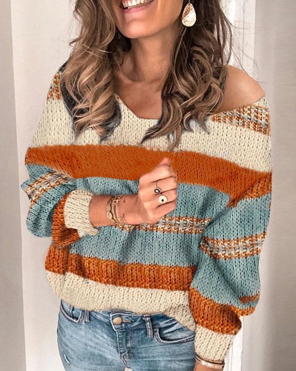 Orange Color Block One-shoulder Long Sleeve Oversize Pullover Sweater