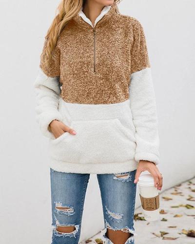 Color Block Turtleneck Long Sleeve Teddy Bear Fluffy Sweatshirts
