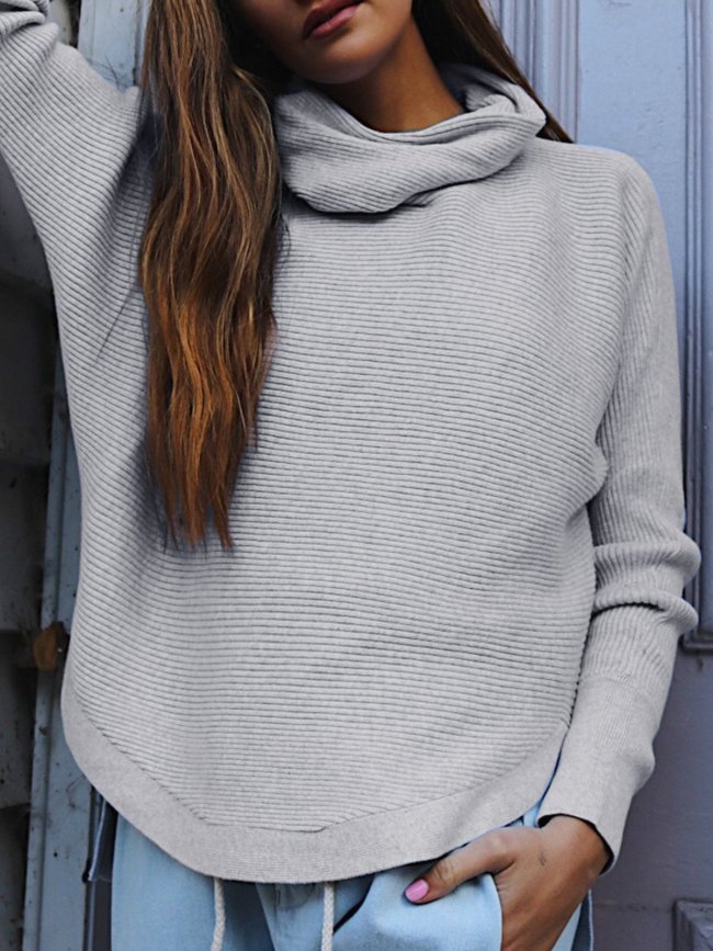 Gray Solid Long Sleeve H-line Cowl Neck Casual Sweater