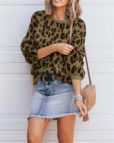 Leopard Knitwear Lantern Sleeve Stylish Fall Casual Daily Women Sweater