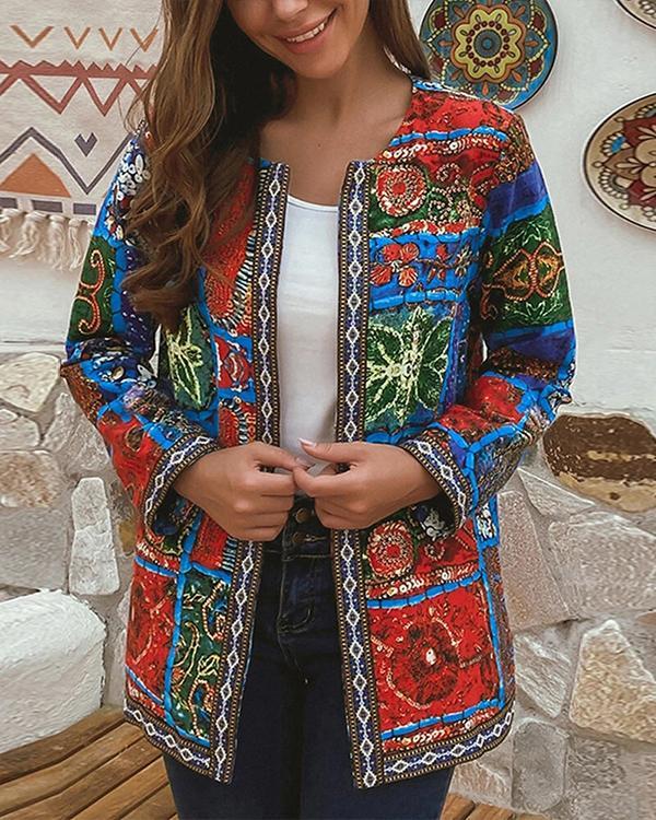 Cotton Ethnic Print Patchwork Ribbon Plus Size Jackets