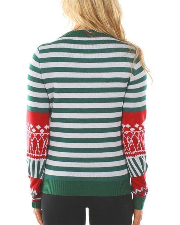 Chirstmas Green Striped Knitted Crew Neck Long Sleeve Sweaters