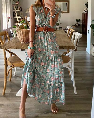 Floral Print Bohemian Dress Ruffled Sleeveless Maxi Dress with Belt