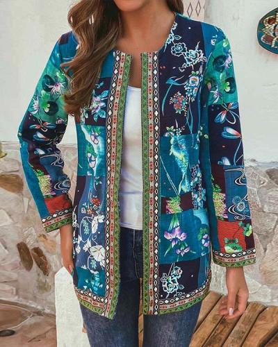 Vintage Ethnic Style Floral Print Patchwork Plus Size Jackets