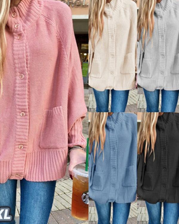 High Neck Button Up Batwing Sleeve Sweater Coat