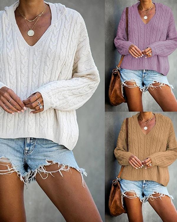Casual Solid Hollow Out Knitted Hooded Sweater