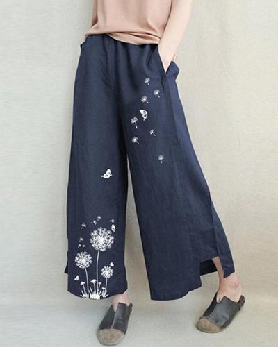 Womens Loose Casual Print Linen Cotton Wide Leg Pants