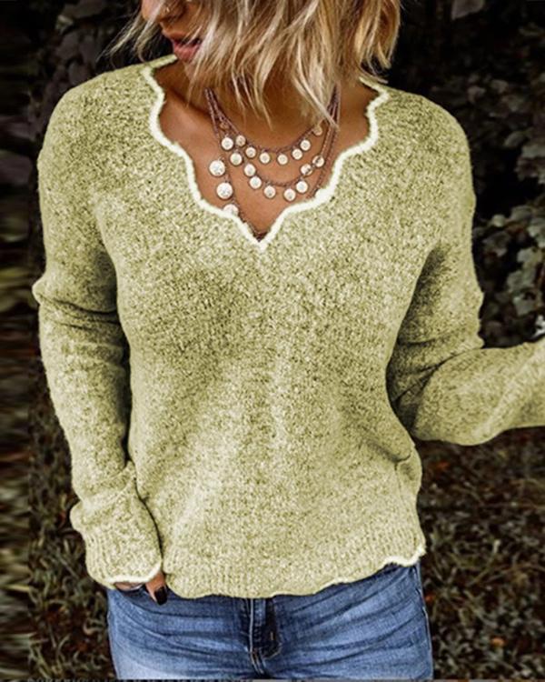 Solid Colors Knit Pullover With V-neck