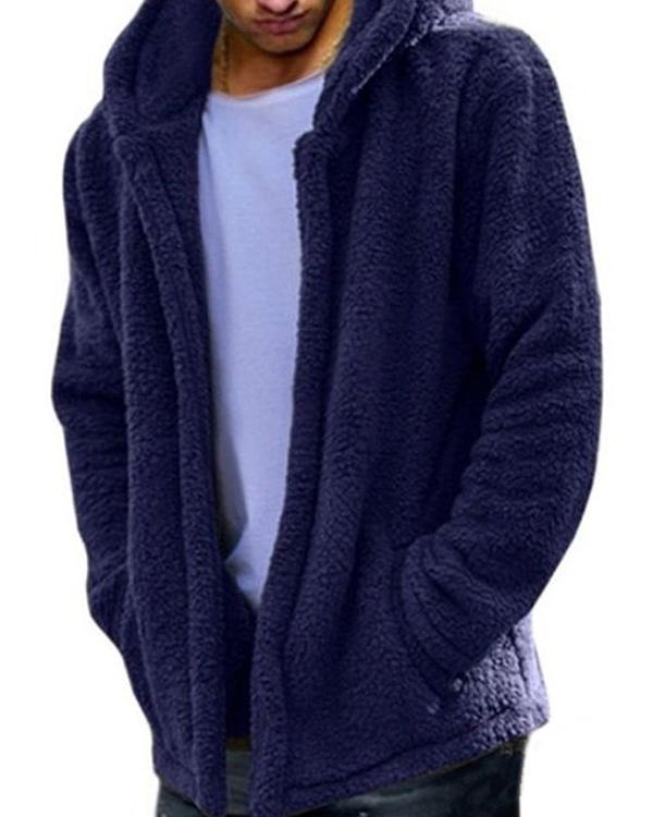 Mens Winter Casual Loose Fleece Solid Color Long Sleeve Warm Coat