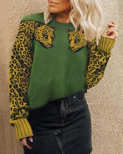 Women's Sweaters Casual Leopard Printed Patchwork Long Sleeves Sweater