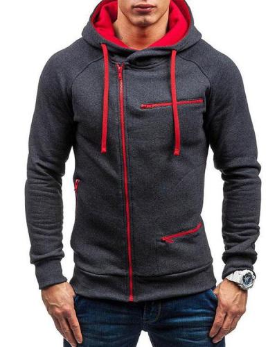 Men's Casual Sport Tilted Zipper Up Safe Zipper Pockets Drawstring Hooded Sweatshirts
