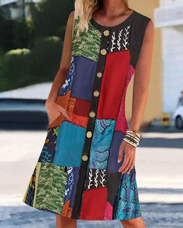 Vintage Graphic Print Color-block Sleeveless Midi Dress