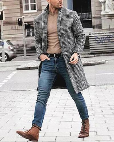 Mens Lapel Plaid Long Sleeve Fashion Coat