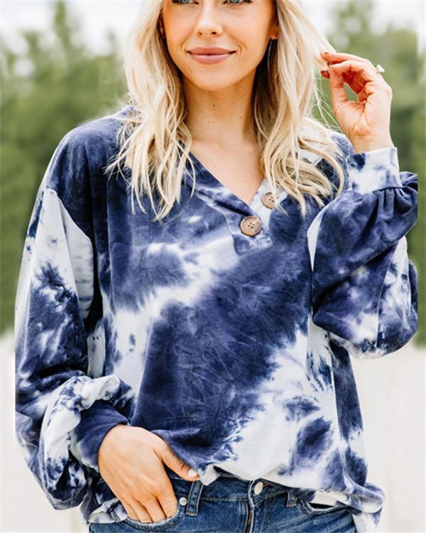 V-neck Button Tie-dye Print Long Sleeve Sweatshirt