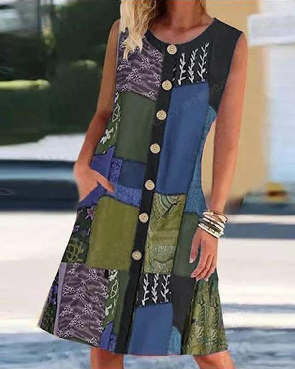 Vintage Graphic Print Color-block Sleeveless Midi Dress