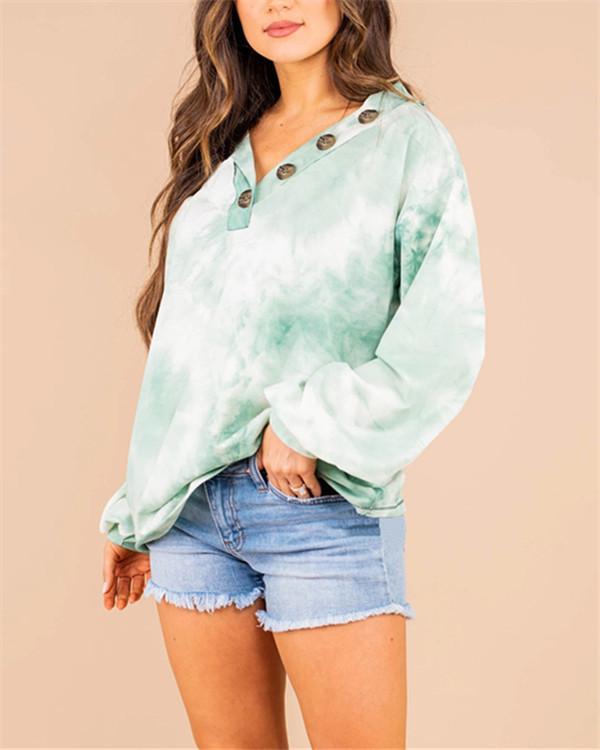 V-neck Button Tie-dye Print Long Sleeve Sweatshirt