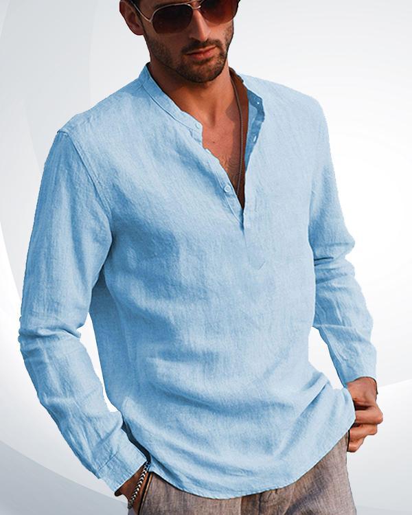 Men's Cotton Linen Henley Shirt Long Sleeve Casual T-Shirt