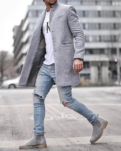 Mens Casual Pure Color Long Sleeve Warm Coat