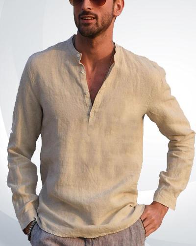 Men's Cotton Linen Henley Shirt Long Sleeve Casual T-Shirt