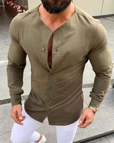 Men's Cotton Linen Henley Shirt Long Sleeve Casual Tops