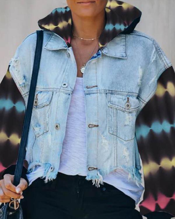 Tie Dye Knit Hooded Denim Jacket