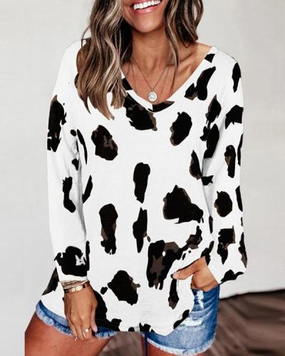 Plus Size V Neck Long Sleeves Leopard Pullover Tops