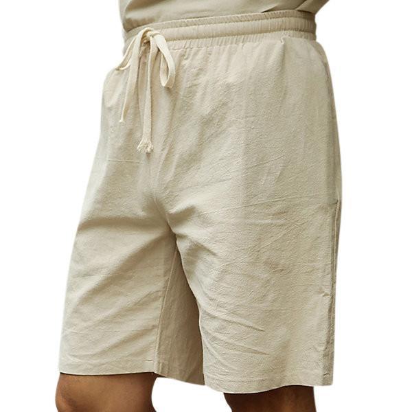 Summer Cotton Linen Drawstring Solid Color Knee Length Casual Shorts