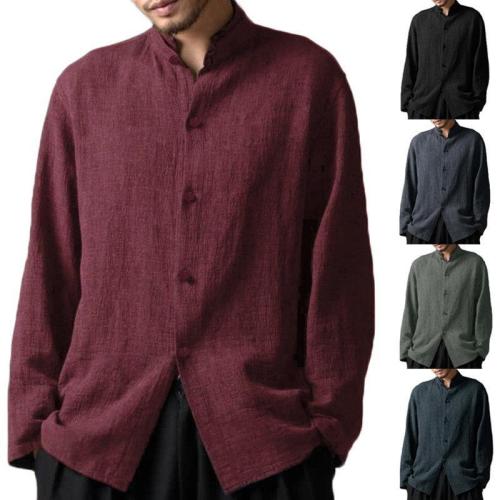Vintage Style Stand Collar Casual Loose Shirt for Men