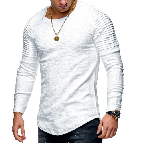 Men's Round Neck Slim Solid Color Long-sleeved Striped Fold Raglan Sleeve Style T-shirt