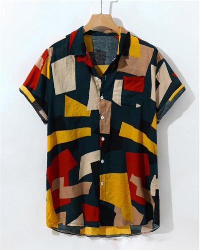 Men's Summer Hit Color Printed Chest Pocket Turn Down Collar Shirts