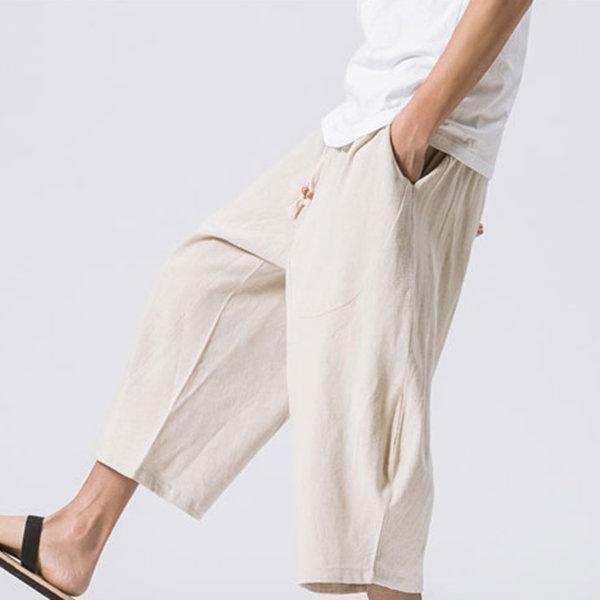Breathable Cotton Linen Calf Length Loose Drawstring Shorts