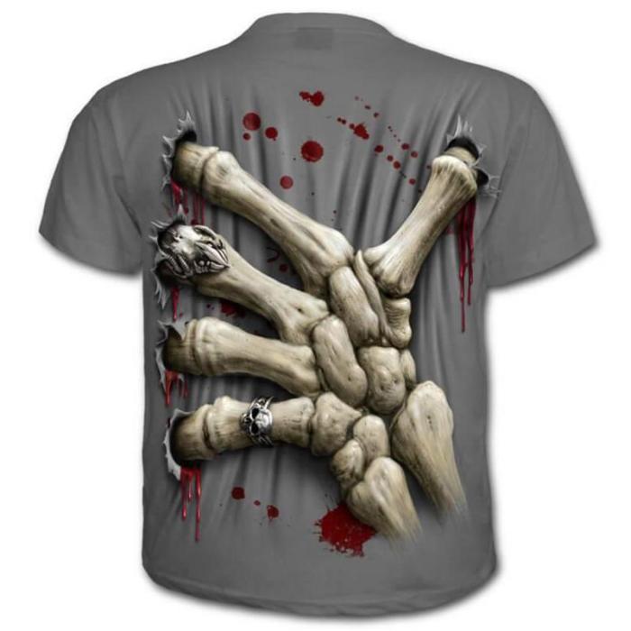 Stylish Gray Skull Grip 3D Round Neck T-shirt Tops
